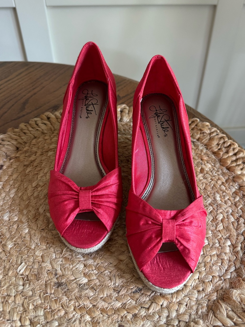 Life Stride Red Bow Peep-Toe Wedge Sandals
